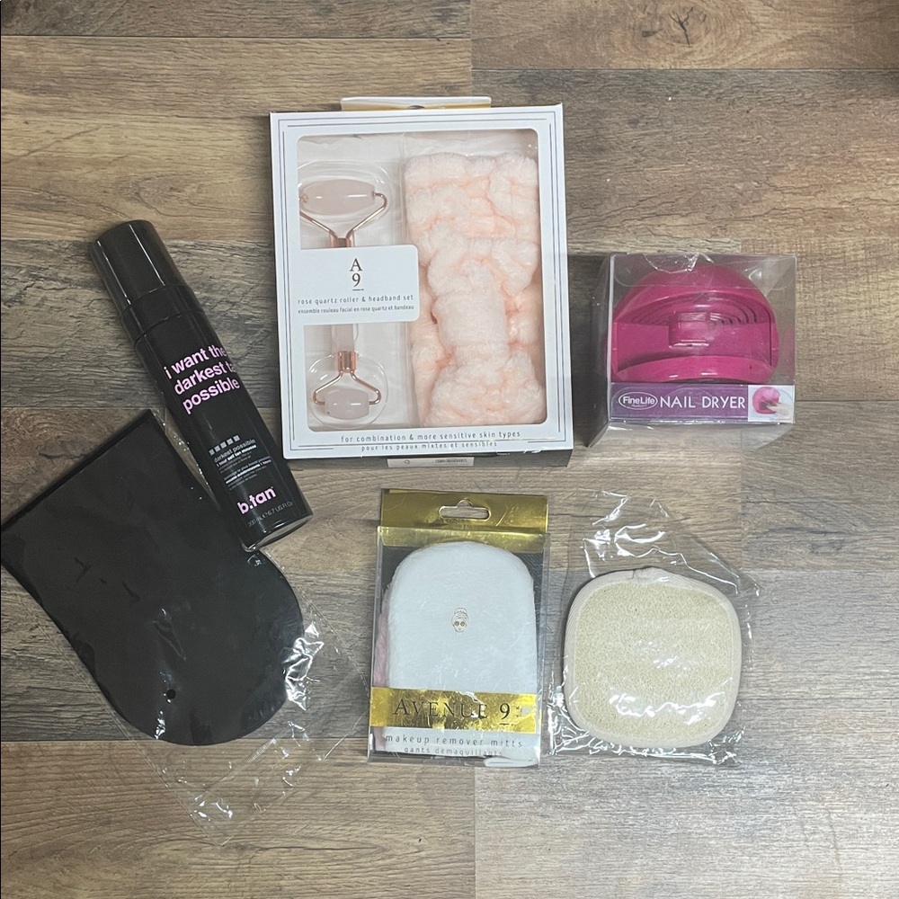 Pink Facial Roller & Headband Set with Pink Nail Dryer Bundle
